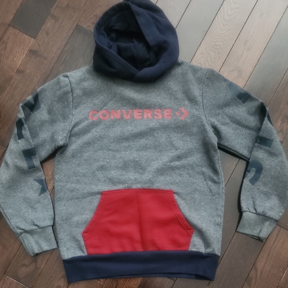 Converse Gray and Red Color-Block Hoodie Sweatshirt